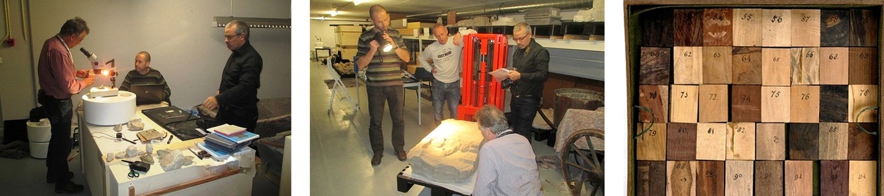 Links en midden: petrografisch onderzoek door Roland Dreesen, Sven van Haelst en Wim De Clercq (Foto's Aagje Feldbrugge). Rechts: houtmonstertjes van Gerard Heerebout