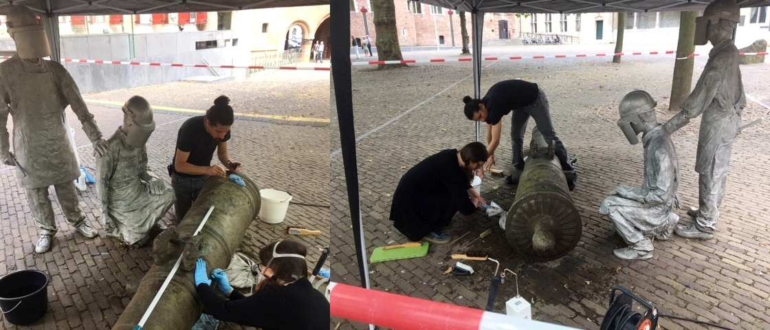 Conserveringswerk op het Abdijplein door team Iris Mahu aan buiteninstallatie van Sjuul Joosen, the Unveiling (2016)