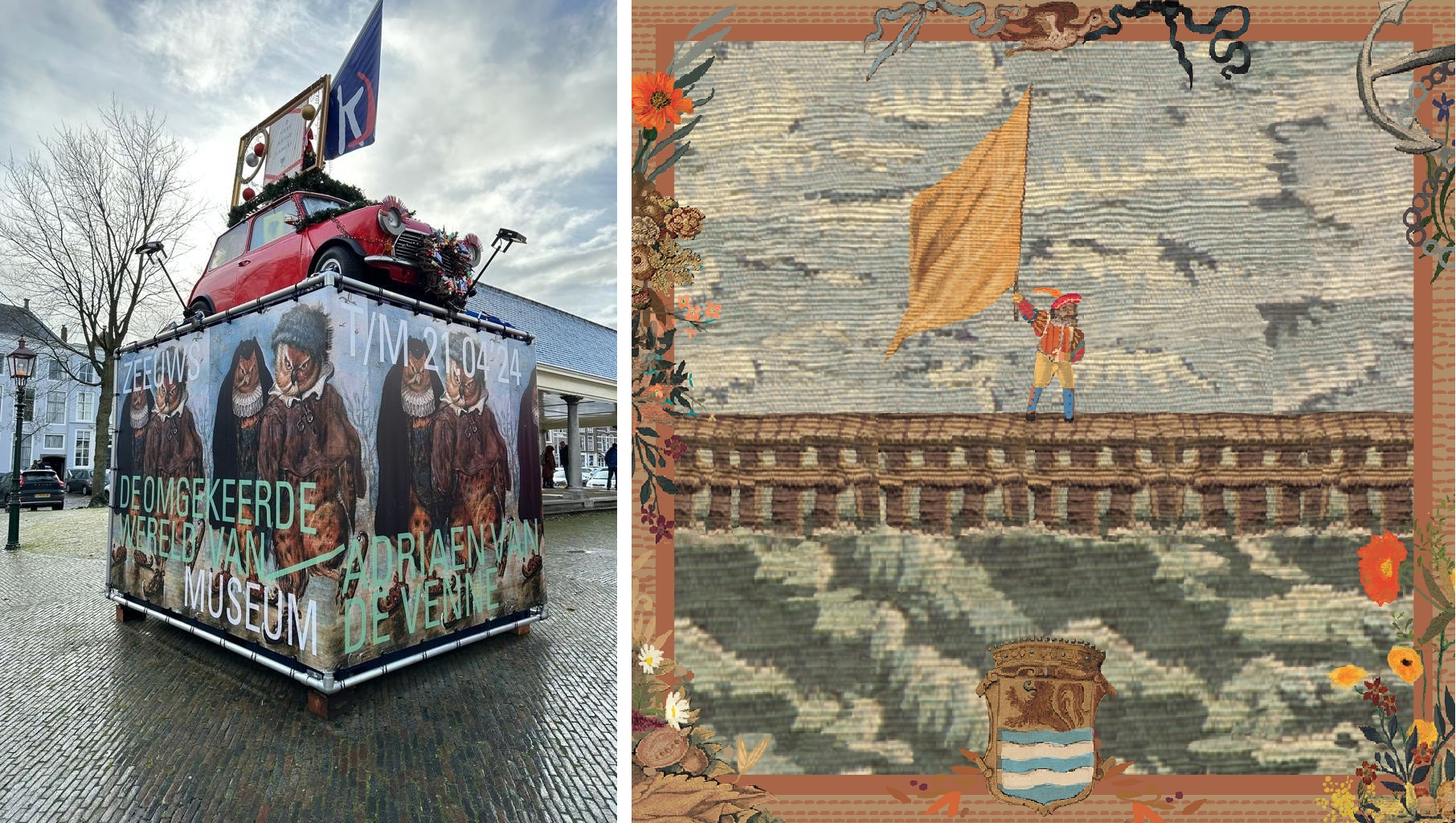 links: Reclame voor De omgekeerde wereld van Adriaen van de Venne tijdens Middelburg Winterstad